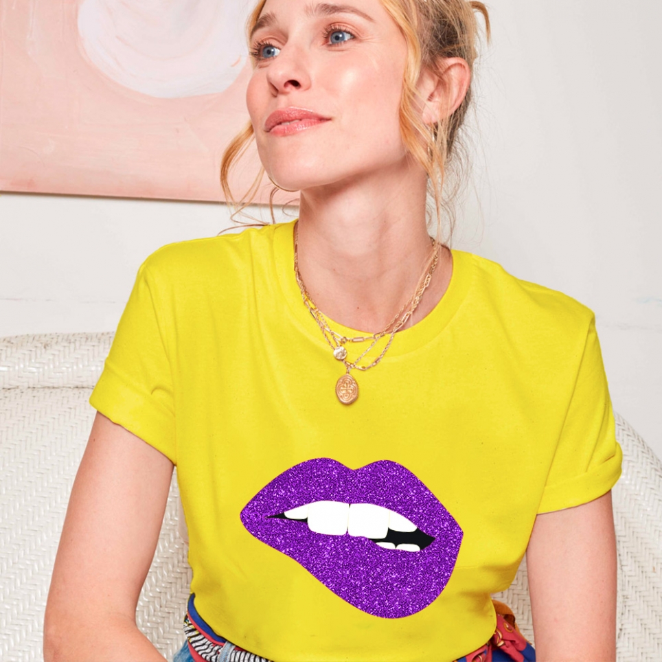 T-shirt Jaune Bouche Glitter Violet Martina