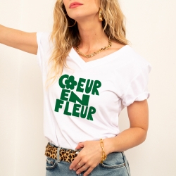 T-shirt Blanc Col V Coeur en Fleur Faubourg 54 FEMME