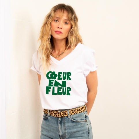 T-shirt Col V Blanc Coeur en Fleur collection FLEURILEGE