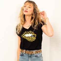 Black V Neck T-shirt Martina Leopard